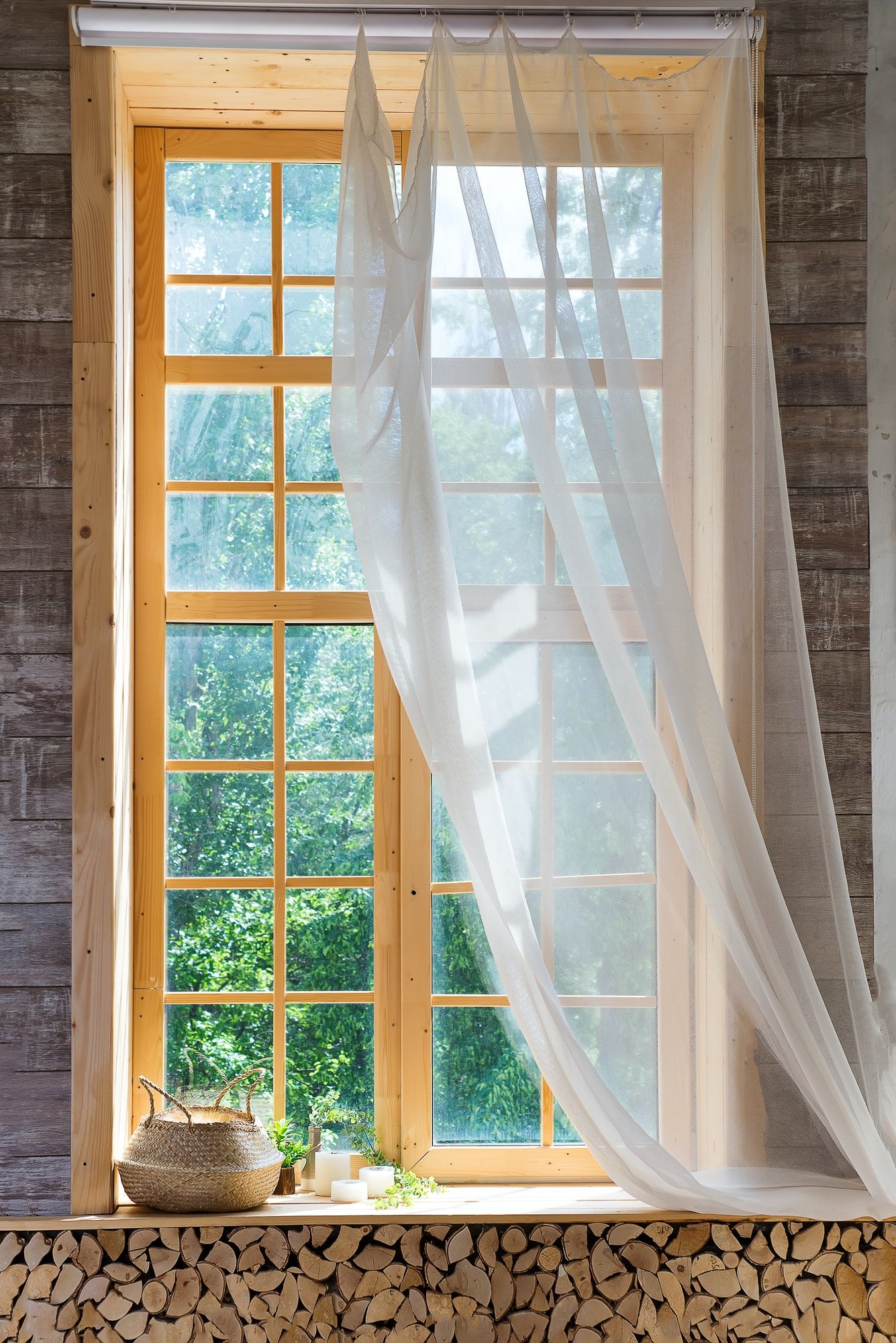 Empty room, wooden window with with curtain and window